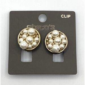 Chico’s Classy Gold Tone Clip Earrings Round Shape Small Faux Pearls NEW